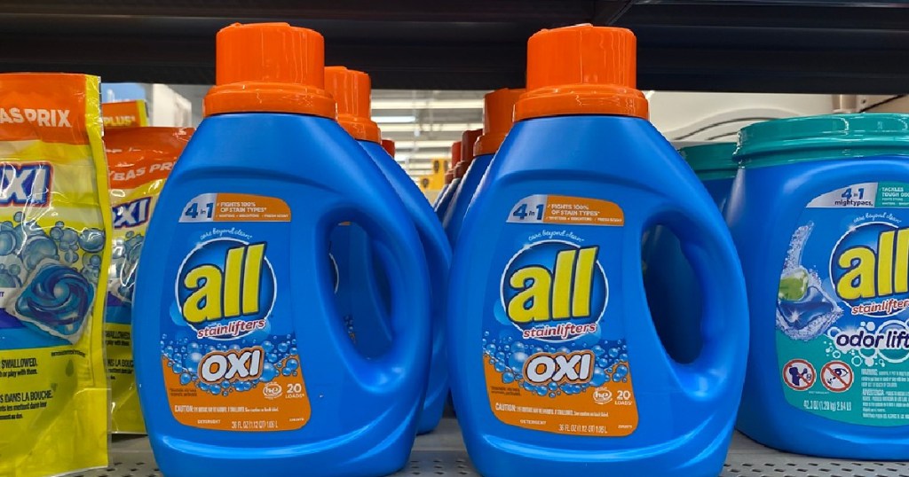 store shelf with laundry detergent bottles