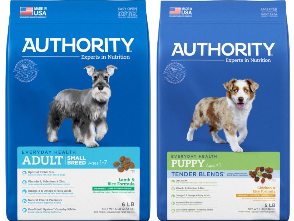 2 small bags of authority pet food bags