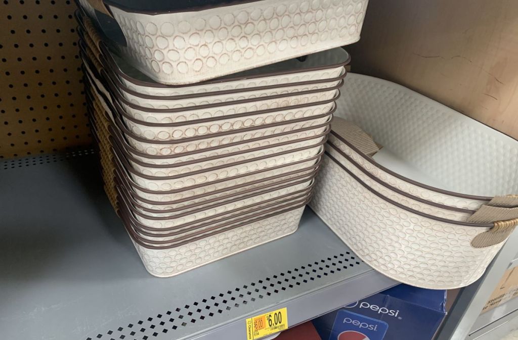 stack of serving trays on a shelf at Walmart