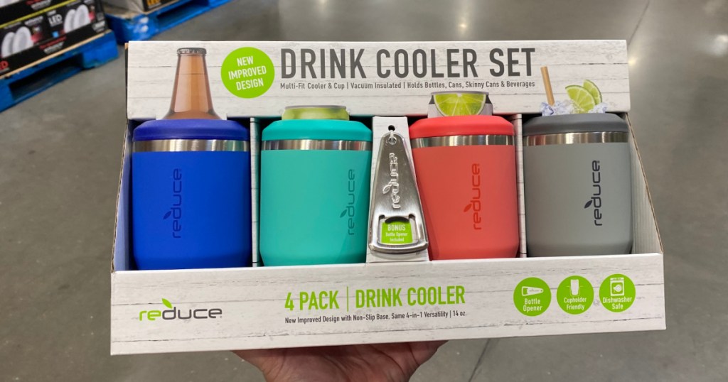 four pack of can coolers in hand