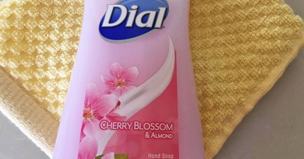 dial cherry blossom hand soap on yellow towel