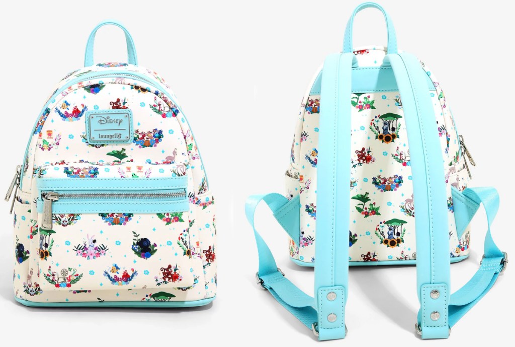 front and back view of a dinsey themed backpack