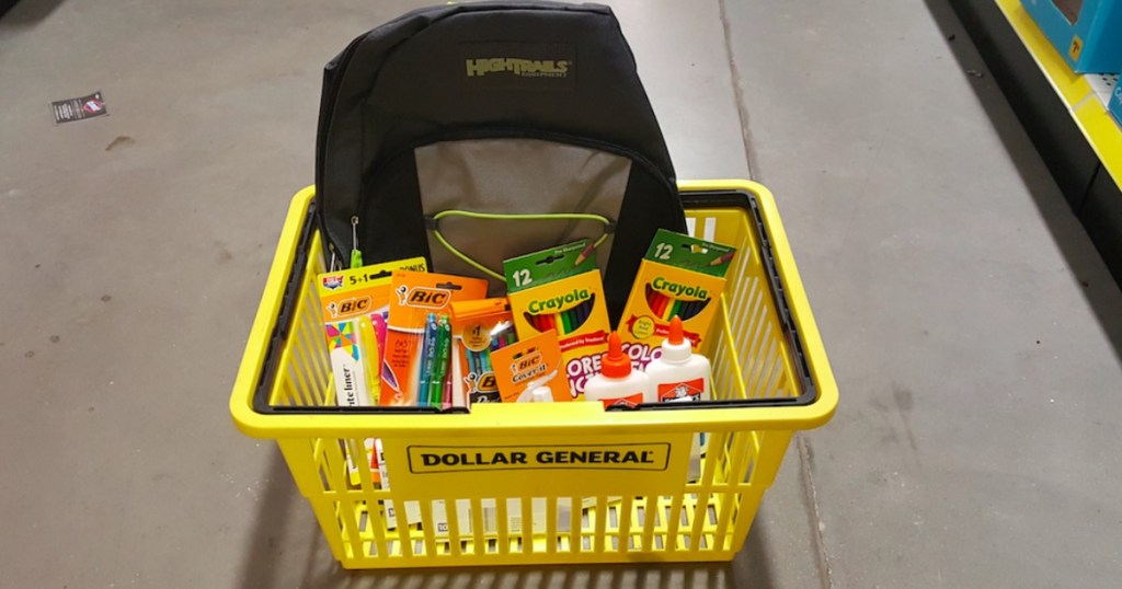 Dollar General School Supplies and Backpack in a basket