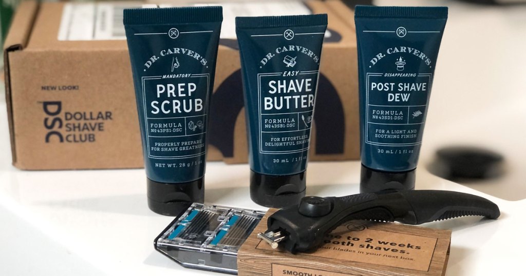 dollar shave club products and razor in front of box