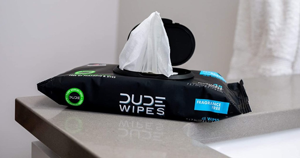 Package of Dude Wipes on counter