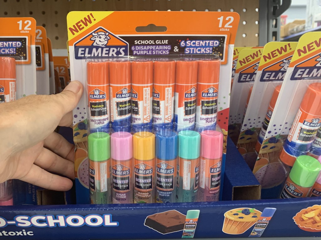 In-store display of scented glue stick packs