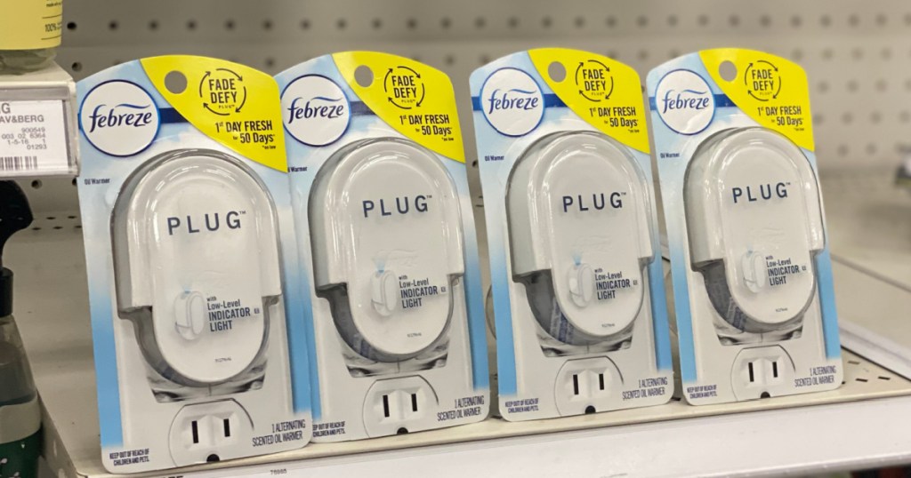multiple febreze plugs on a store shelf