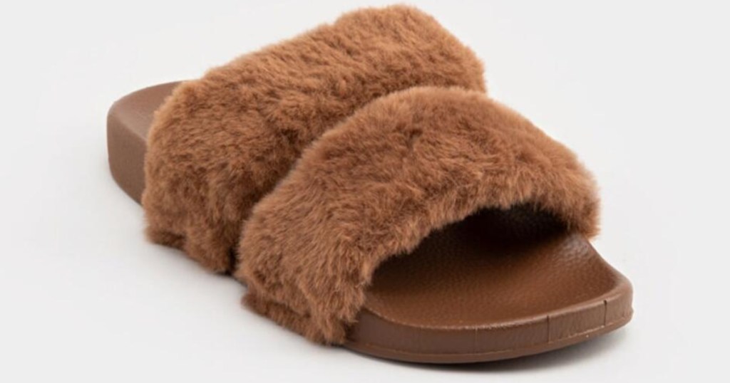 women's light brown fluffy sandals slides