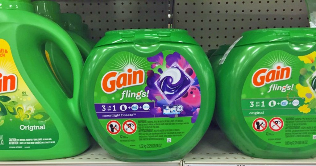 containers of gain flings on shelf
