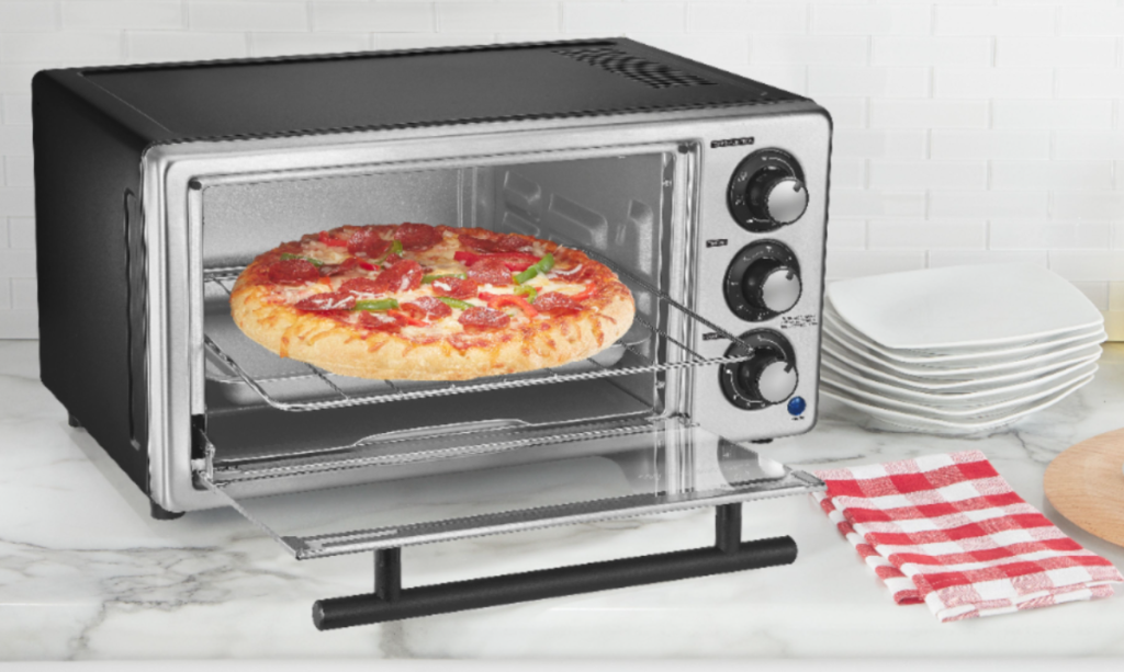 toaster oven with a pizza in it