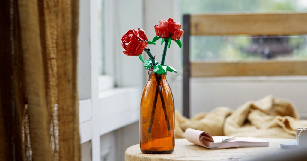 vase with LEGO roses inside