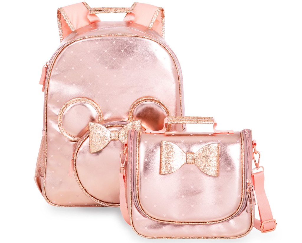 rose gold backpack and lunch bag