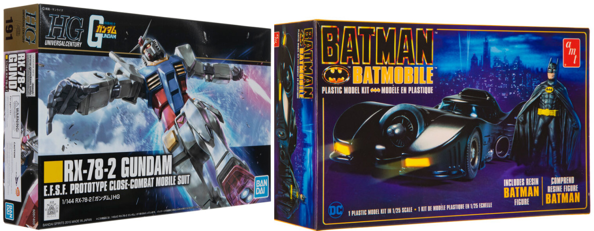 Gundam and Batman model kits