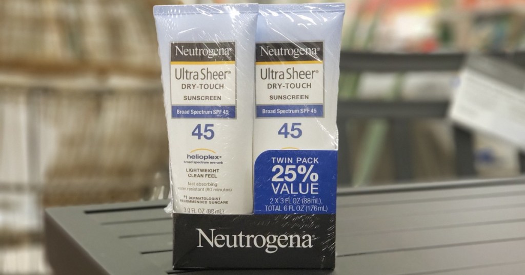 twin pack of sunscreen on table in store