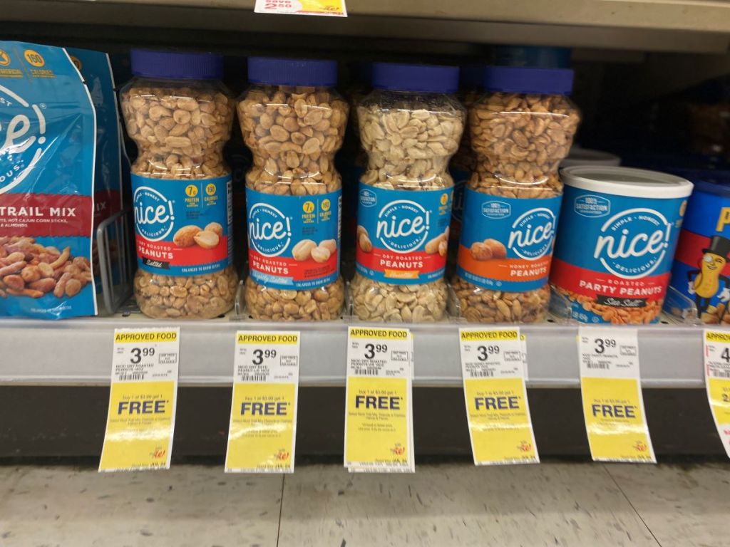 row of peanuts on a shelf at Walgreens