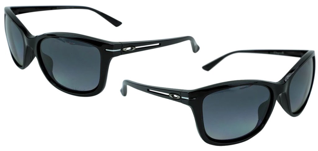 two views of pair of black oakley sunglasses