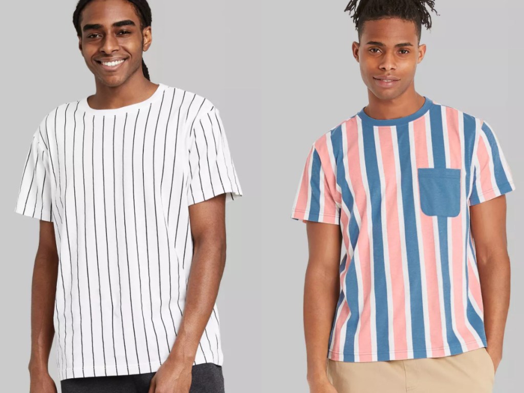 2 men wearing stripe shirts