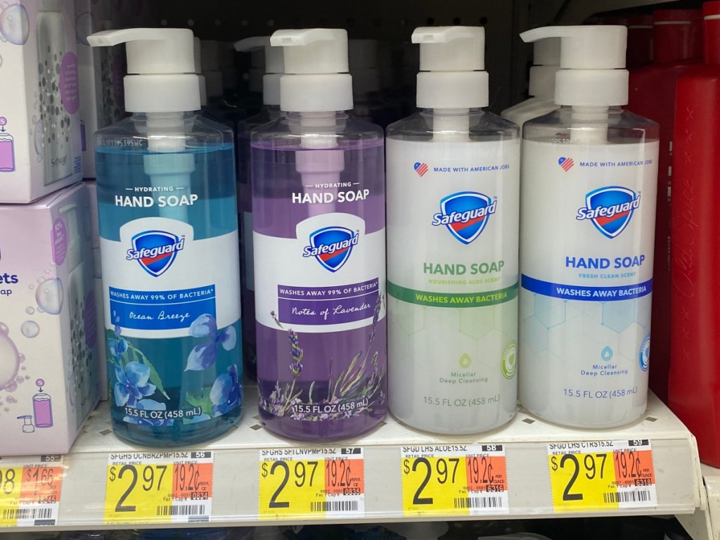 bottles of hand soap on store shelf