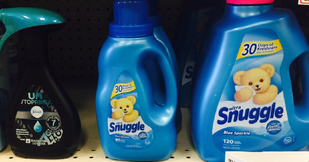 laundry detergent bottles on store shelf