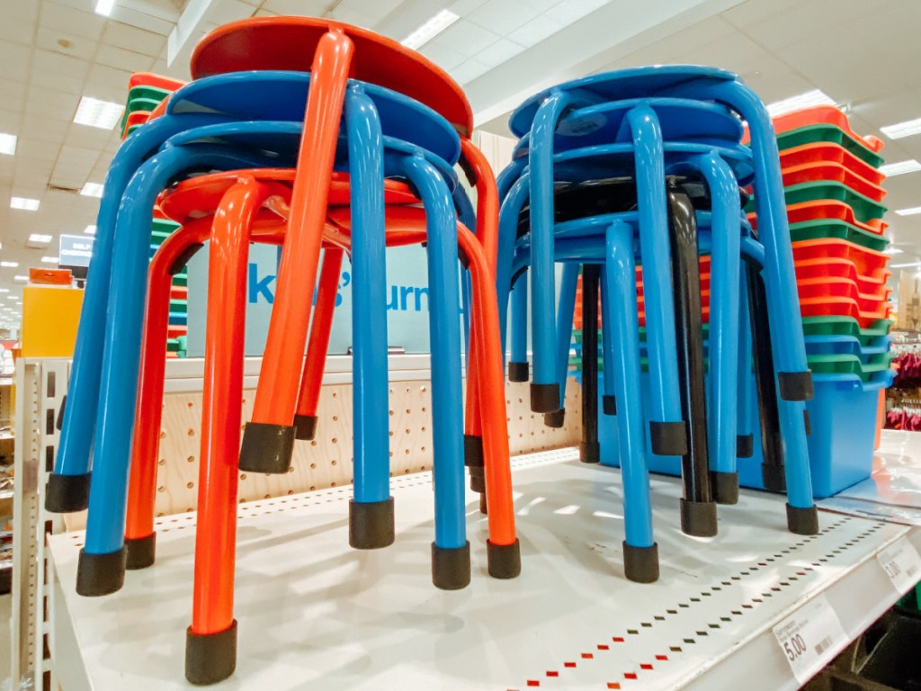 in-store display of colorful kids stools
