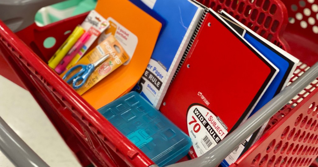 various school supplies in store cart