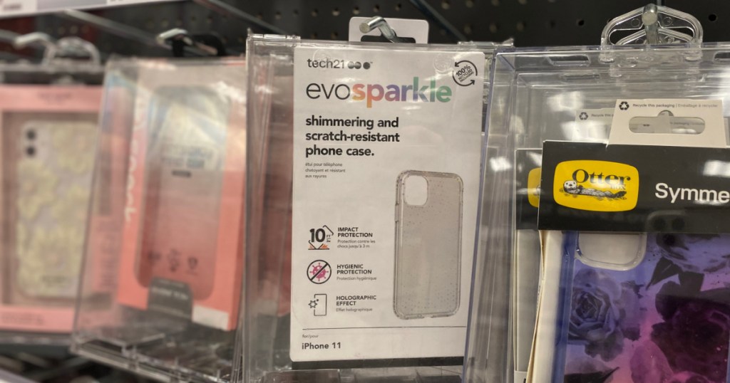 clear phone case hanging on rack 