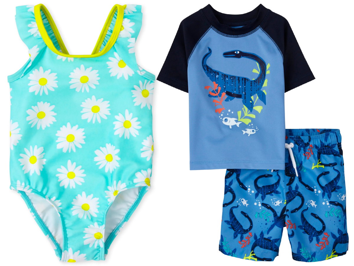 stock images of a girls one piece bathing suit and boys two piece trunks and rash guard