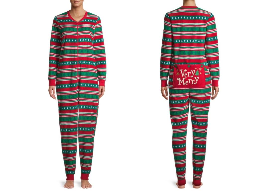 front and back view of woman wearing onesie Very Merry pajamas