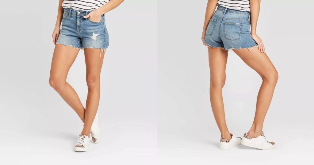 front and back view of a woman wearing shorts