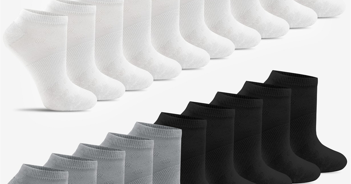 stock images of white, black, and gray low cut socks lined up