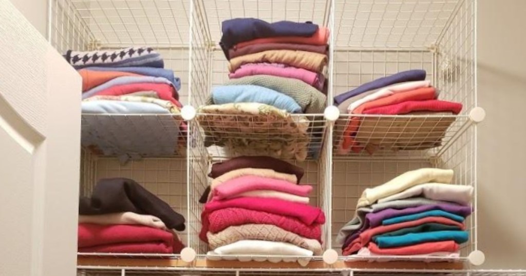 wire cube storage on closet shelves