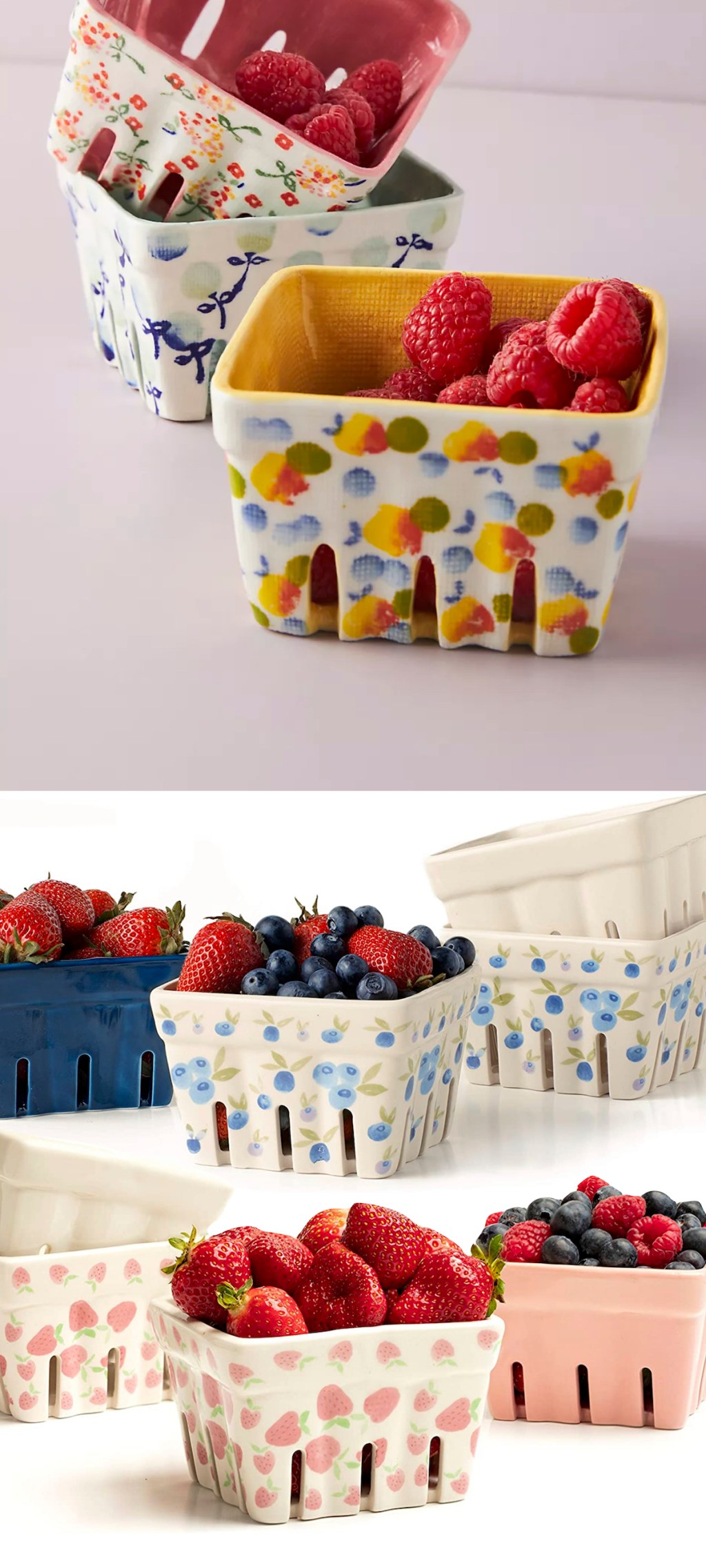 various styles of fruit berry baskets on display with fresh berries inside