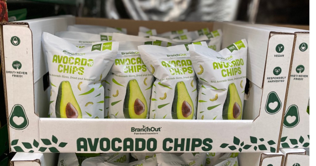store display with bags of avocado chips