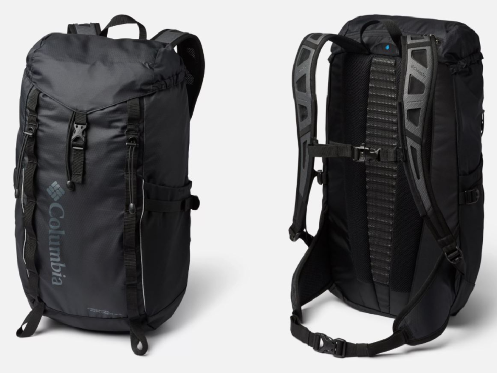black backpack showing front and back
