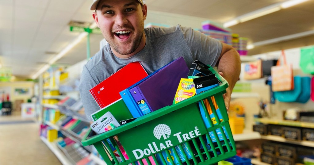 man holding dollar tree basket with school supplies