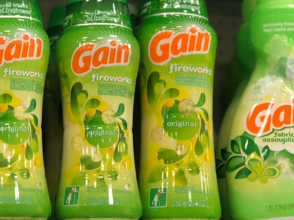 store shelf with bottles of gain fireworks on it