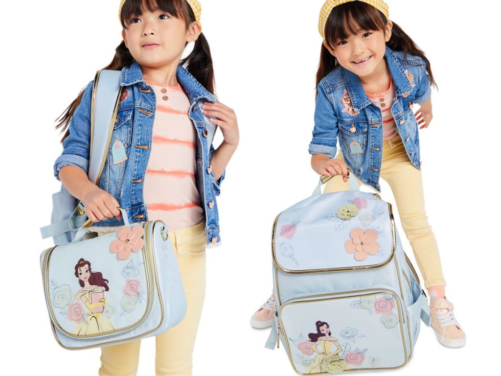 girl with Belle Backpack and lunchbag