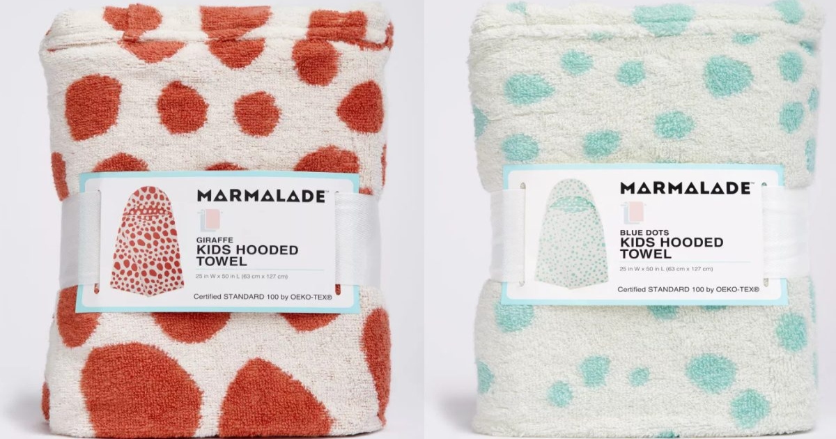 two rolled up kids hooded towels with labels on them