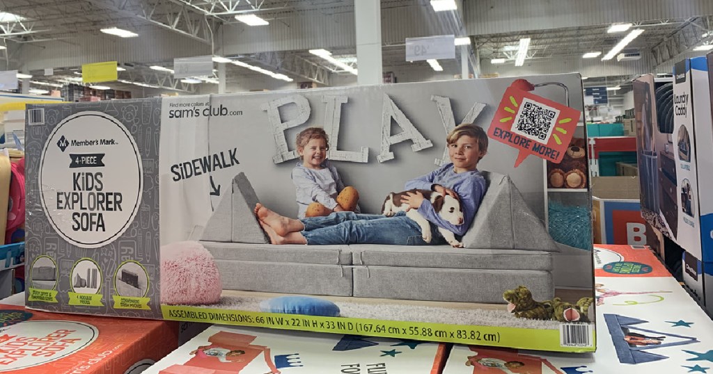 box containing a kids modular couch displayed in sams club