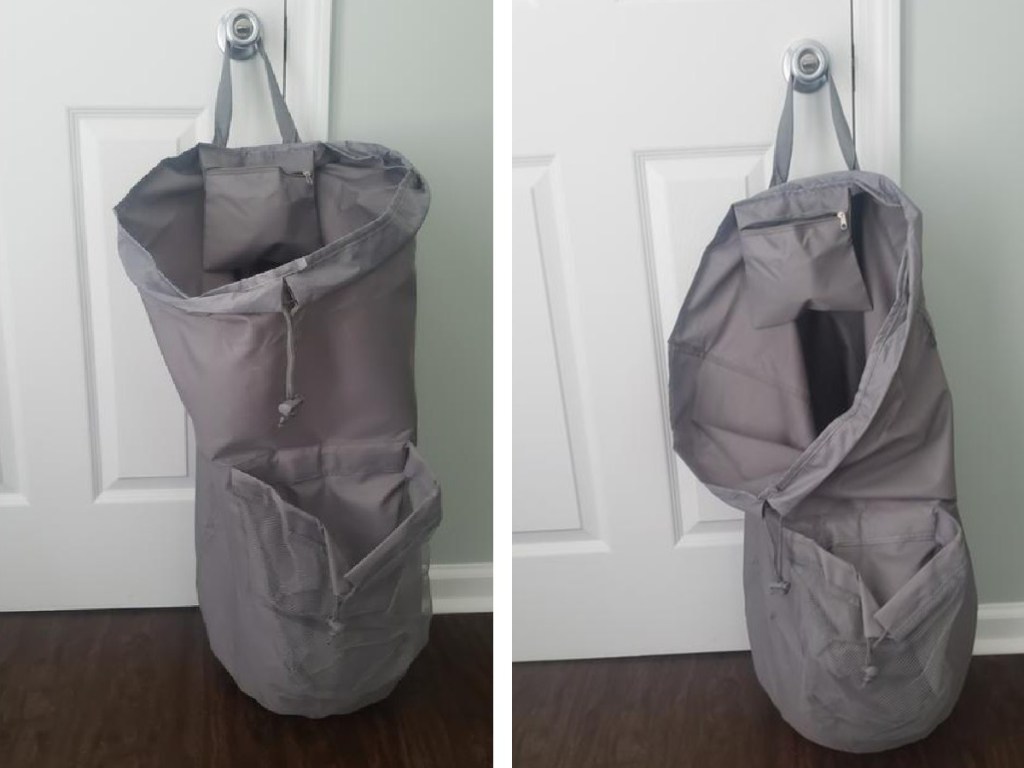 two views of gray laundry bag hanging on door