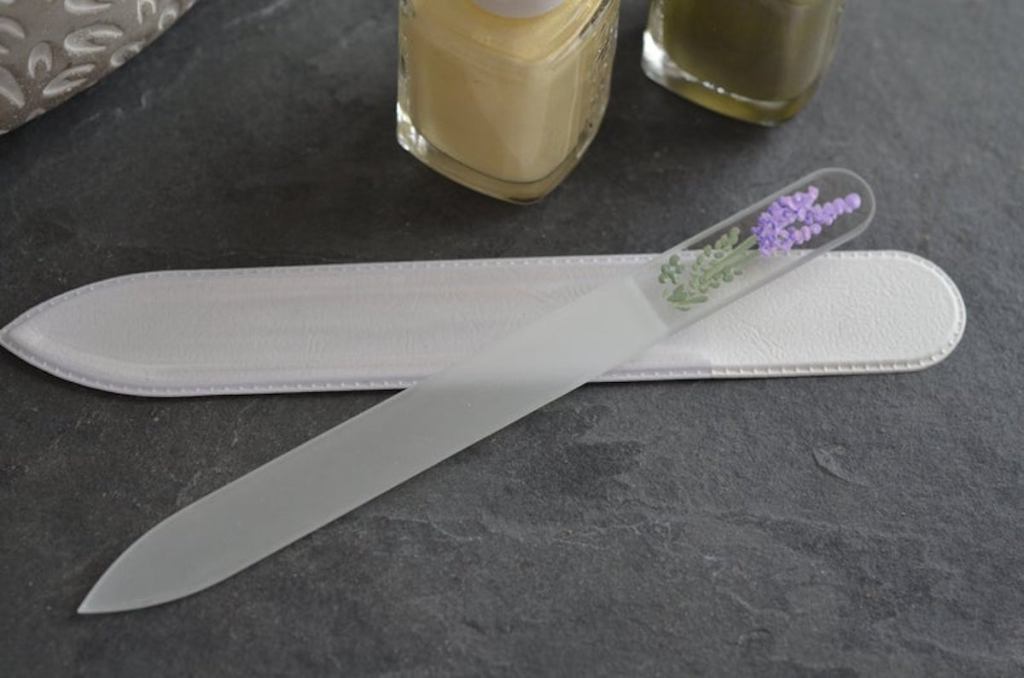 glass nail file with hand painted lavender flower