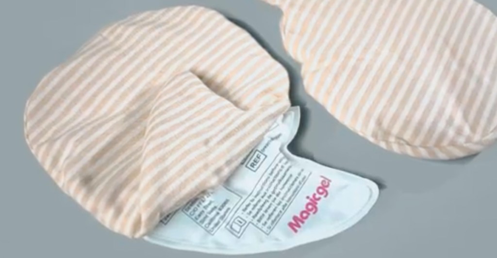 magic gel breast pads laying on gray surface with stripe covers on them baby shower gift ideas