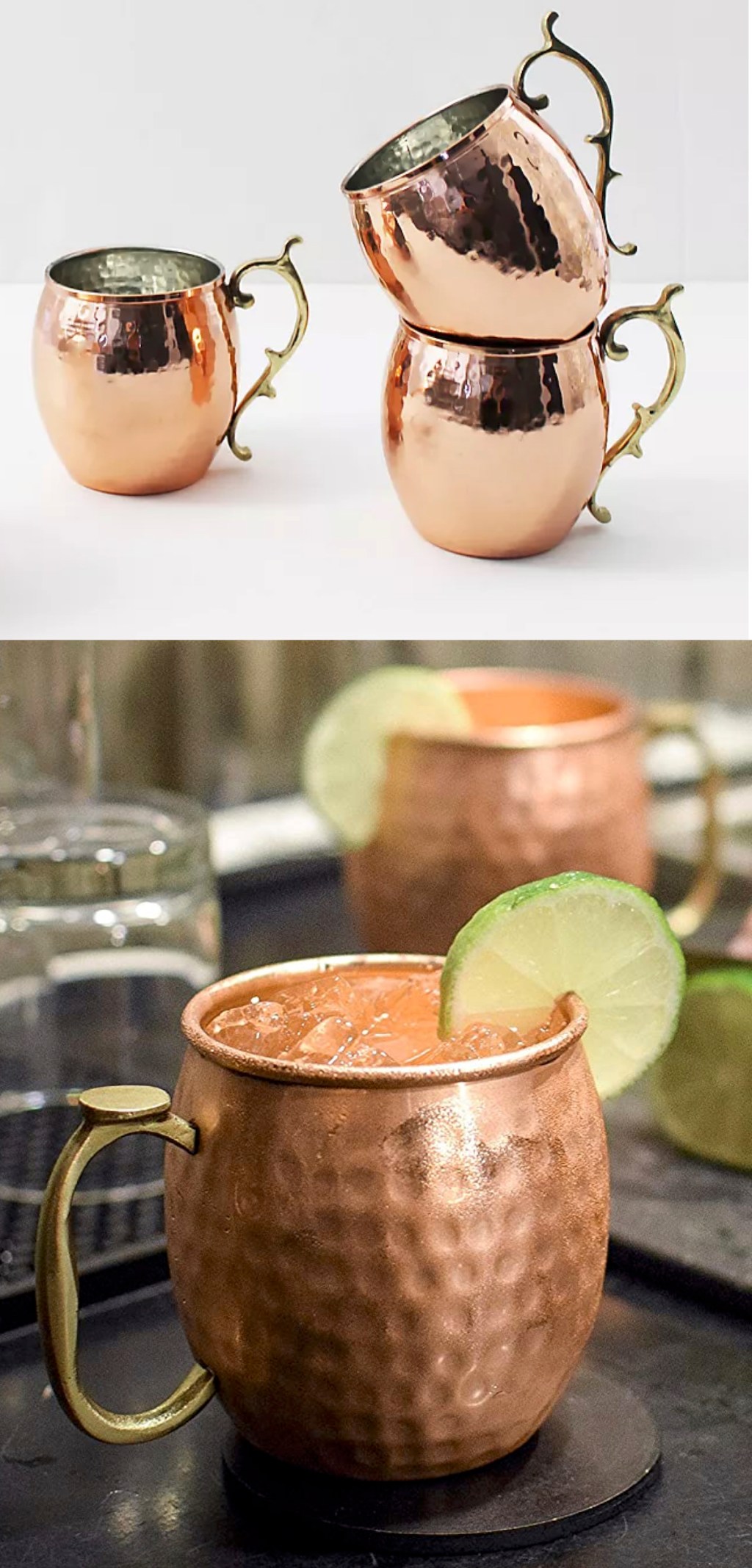 copper moscow mules on display with lime wedge
