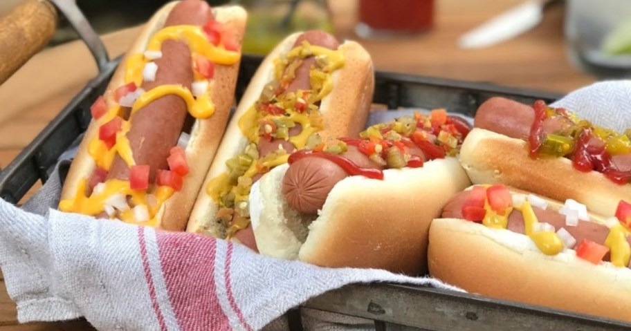hot dogs in a basket