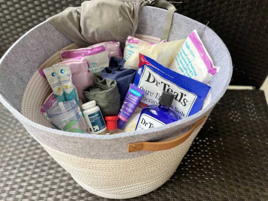 new mom gift basket with essentials inside baby shower gift ideas