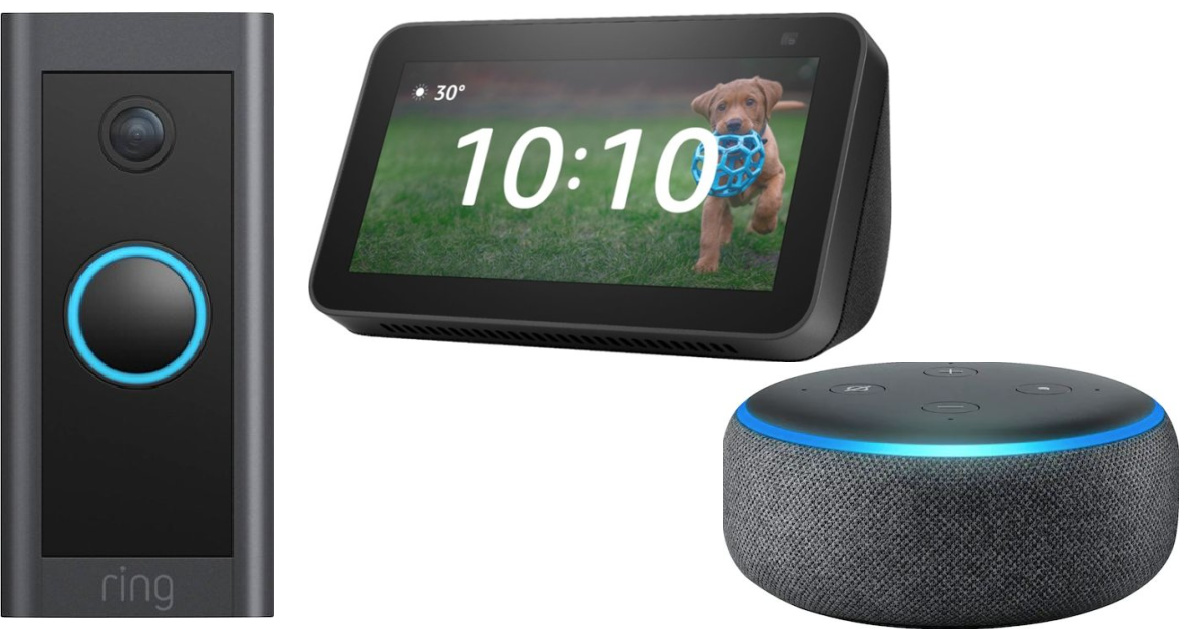 doorbell, echo dot and echo show on white background