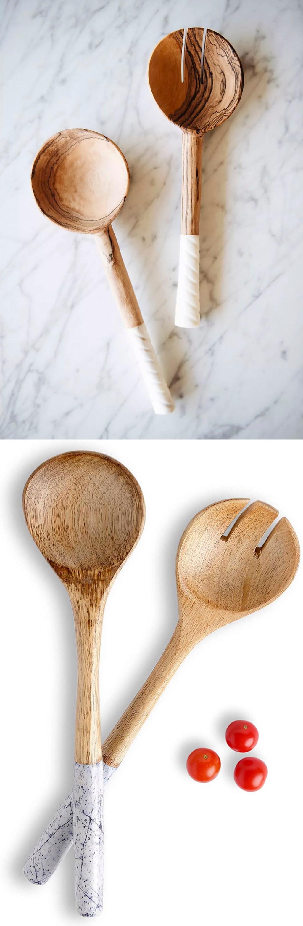 two sets of salad servers with white handles anthropologies dupes