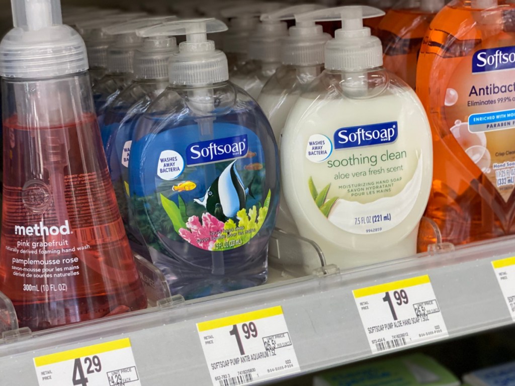 store shelf with liquid hand soap on it