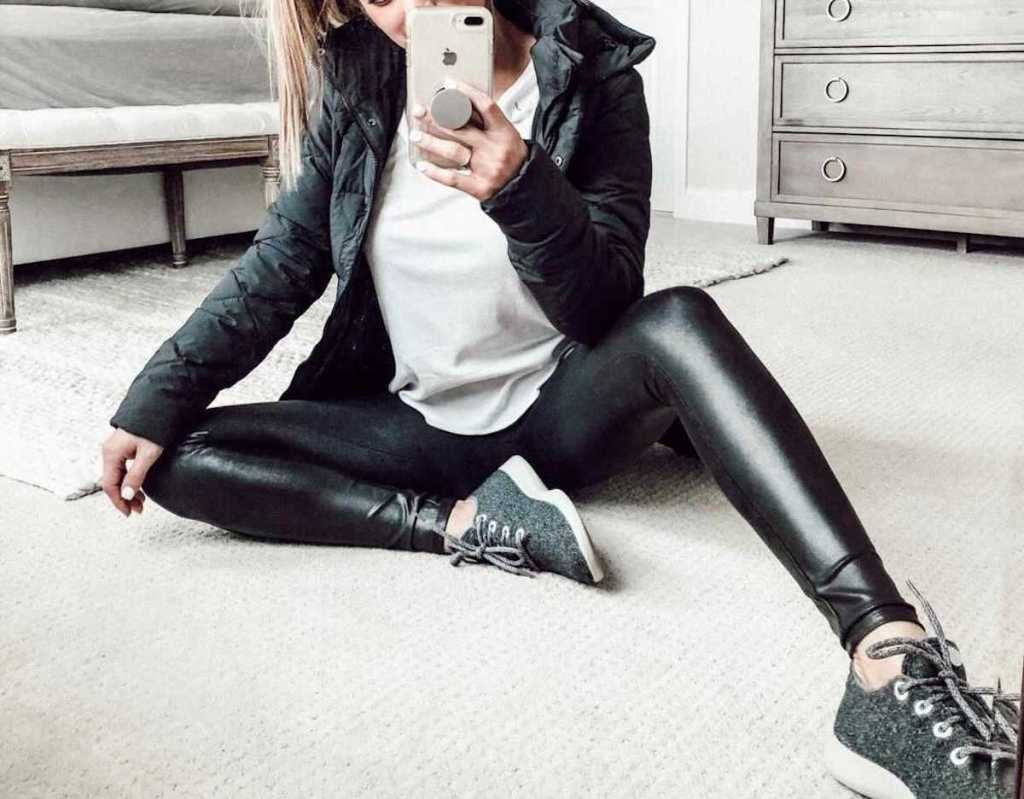 woman wearing black faux leather leggings for nordstrom anniversary sale