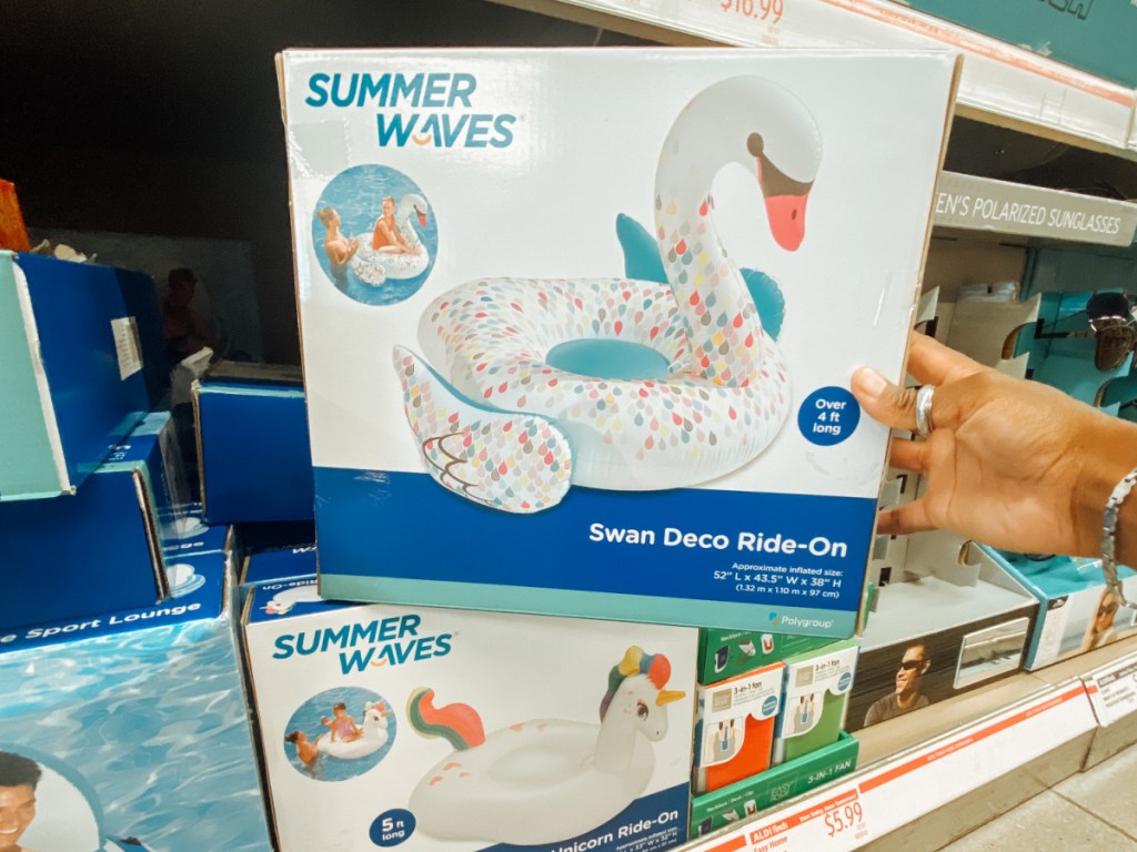 store display with boxes of pool toys
